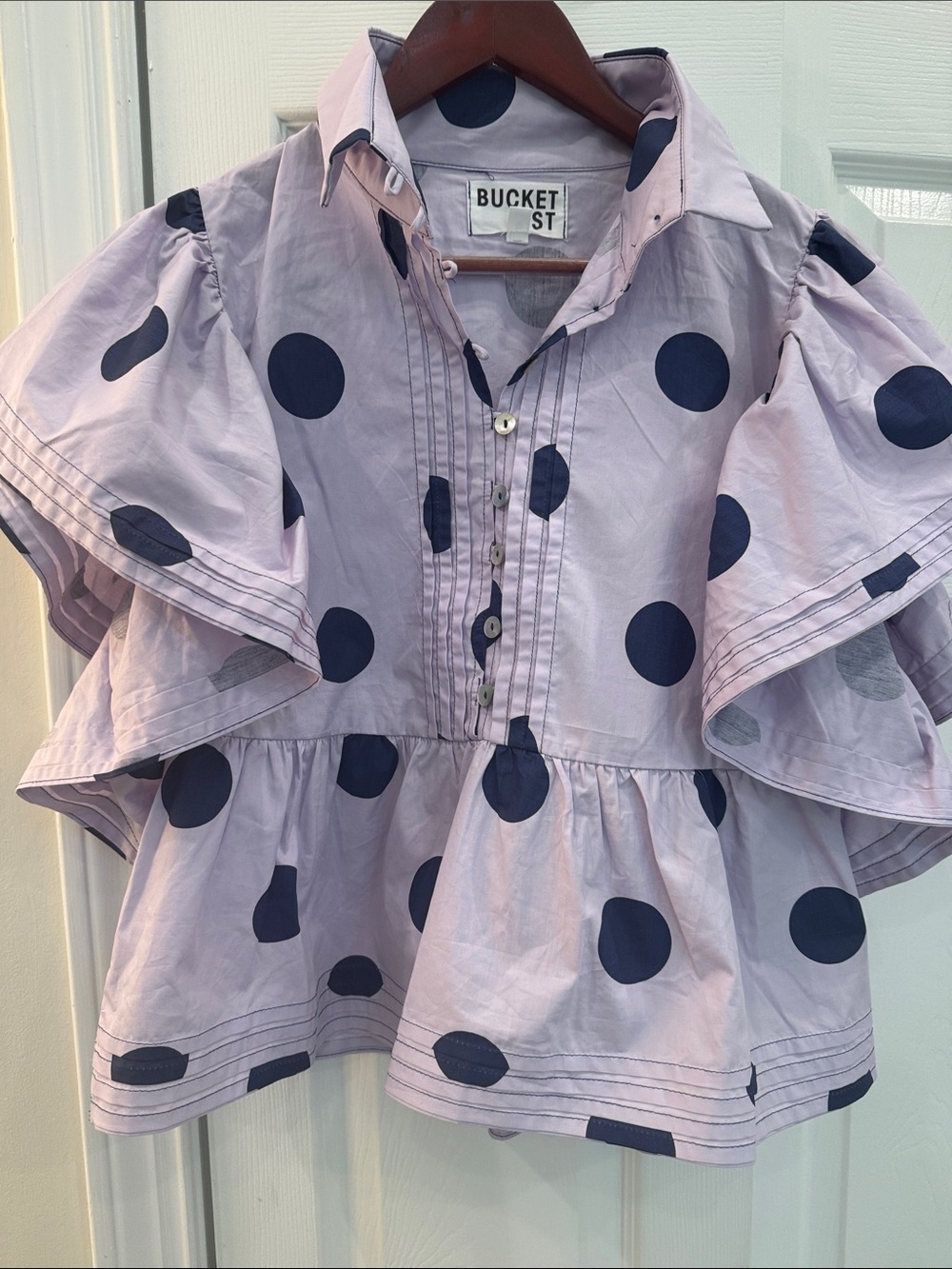 BUCKETLIST Lilac Blouse with Navy Polka Dots